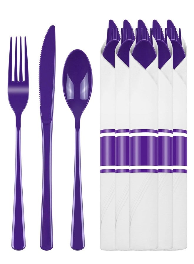 pyntop 30 Pack Pre Rolled Purple Plastic Silverware with Napkins - Disposable Cutlery Set with Forks, Knives, Spoons & Linen-Like Dinner Napkins, Wrapped Plastic Utensils for Weddings, Parties & Events - Image 1
